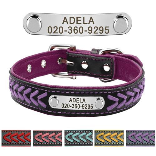 Leather Pet Collar With Personalised Nameplate Pet Collars & Harnesses Best Pet Store Purple X Small