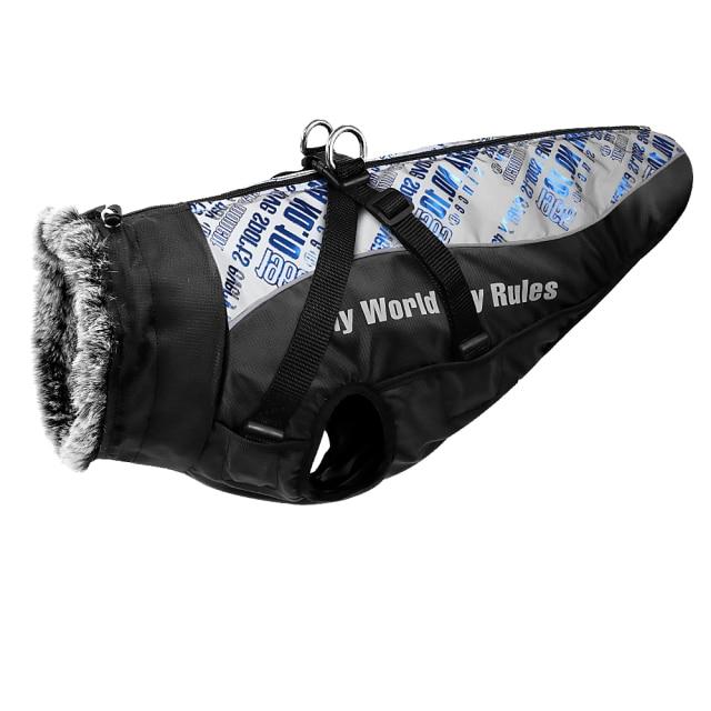 Waterproof Winter Thick Dog Coat With Harness Dog Apparel Best Pet Store Grey With Blue Writing X Large